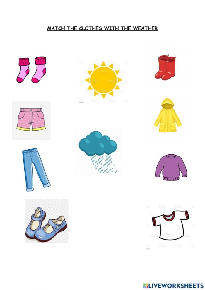 Weather Wear Matching Worksheet 11 for Preschool Fractions Pre-K weather wear matching worksheet featuring fraction-themed clothing items for lesson 11