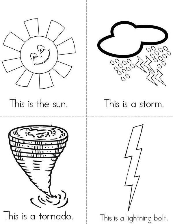 Weather Book worksheet for kids featuring tracing and drawing activities related to sun, wind, and rain