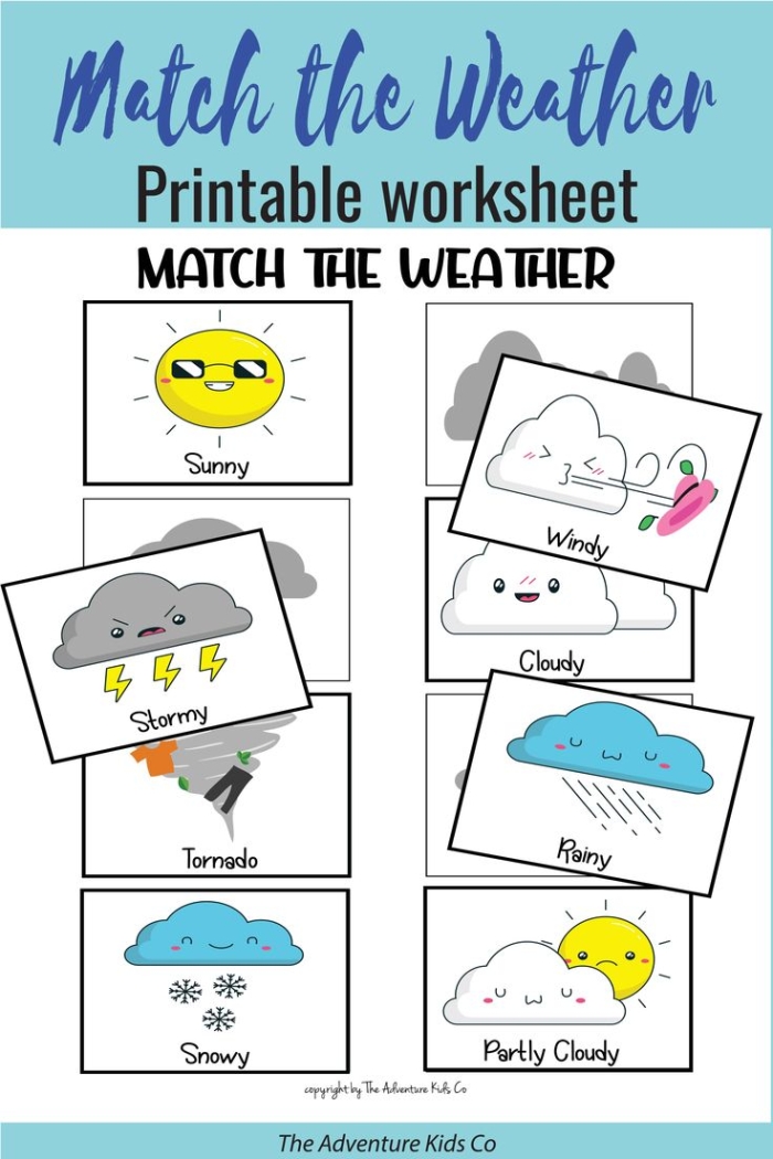 A Pre-K student using a colorful weather chart for kids worksheet to track daily atmospheric changes