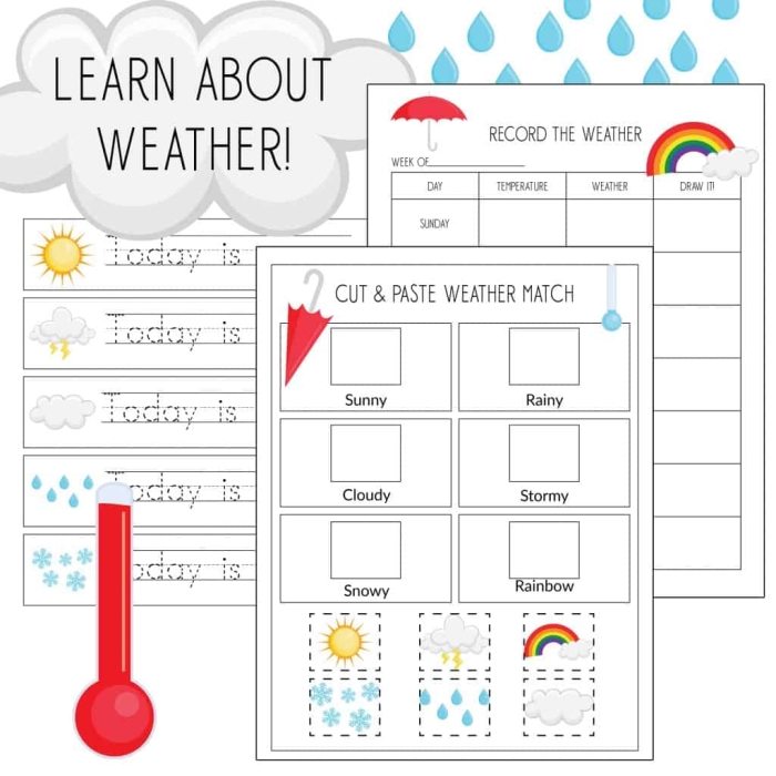 Pre-K student filling out a daily weather chart worksheet to track temperature and sky conditions