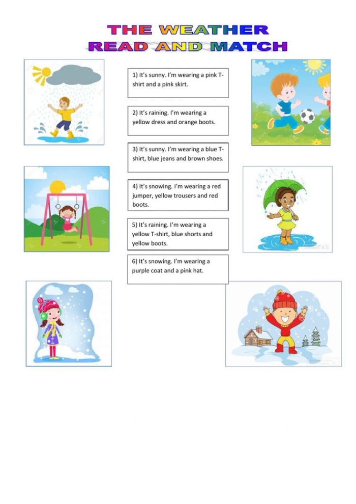 Weather Wear Matching Activity 18 for Young Learners Preschool student matching weather conditions to appropriate clothing items on colorful worksheet