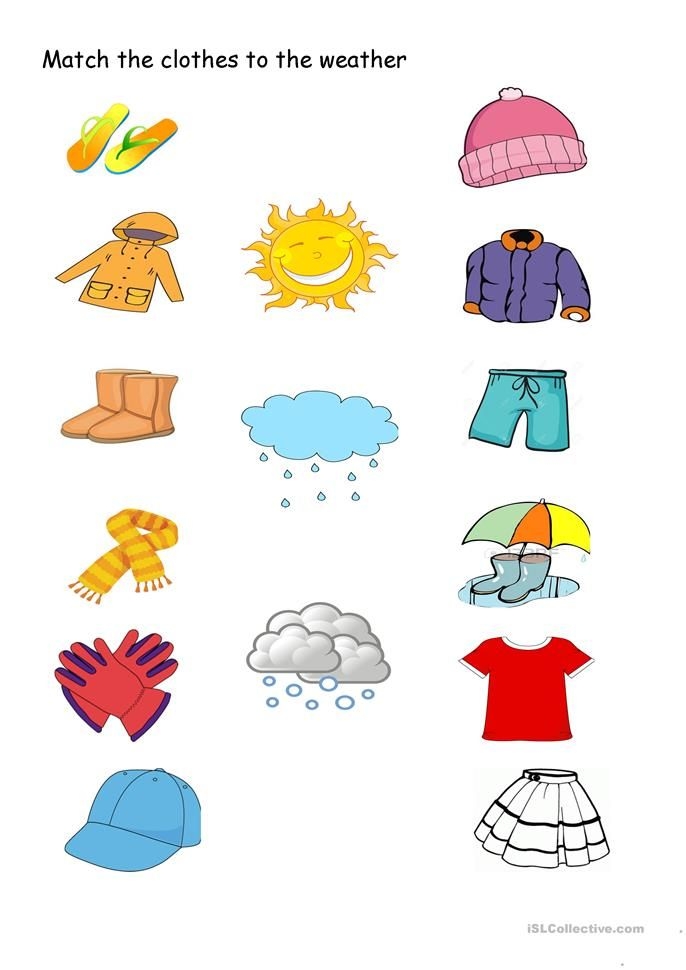 Weather Wear Matching Worksheet Number 25 for Preschoolers Pre-K students matching appropriate clothing to different weather types on a fun worksheet