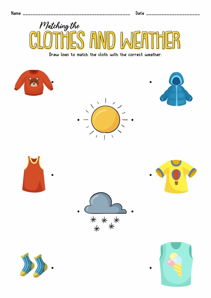Matching weather appropriate outfits to seasonal conditions worksheet for young learners Weather clothing items matched with rainy and sunny day scenes for pre-K fraction learning