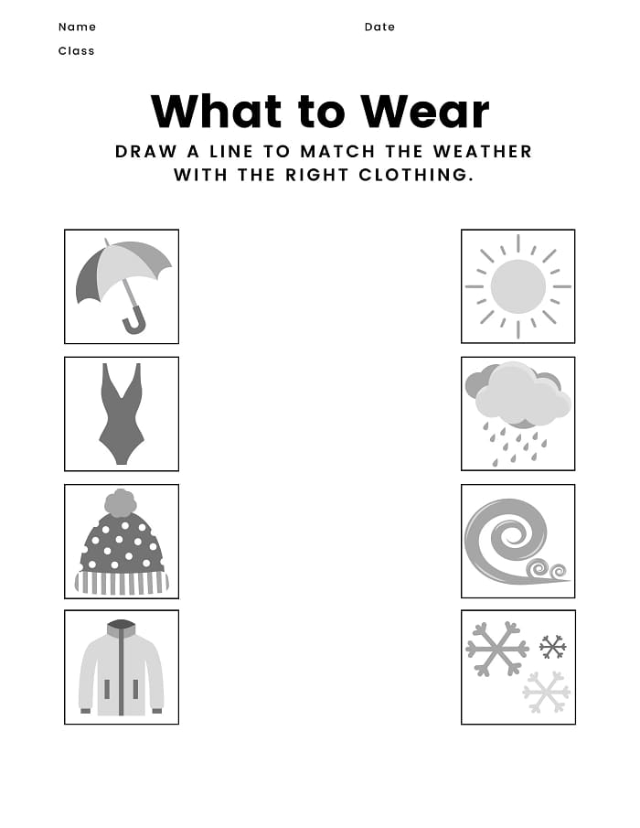 Weather Wear Matching Worksheet for Pre-K Students Number 7 Preschooler matching weather appropriate clothing to different seasonal conditions worksheet