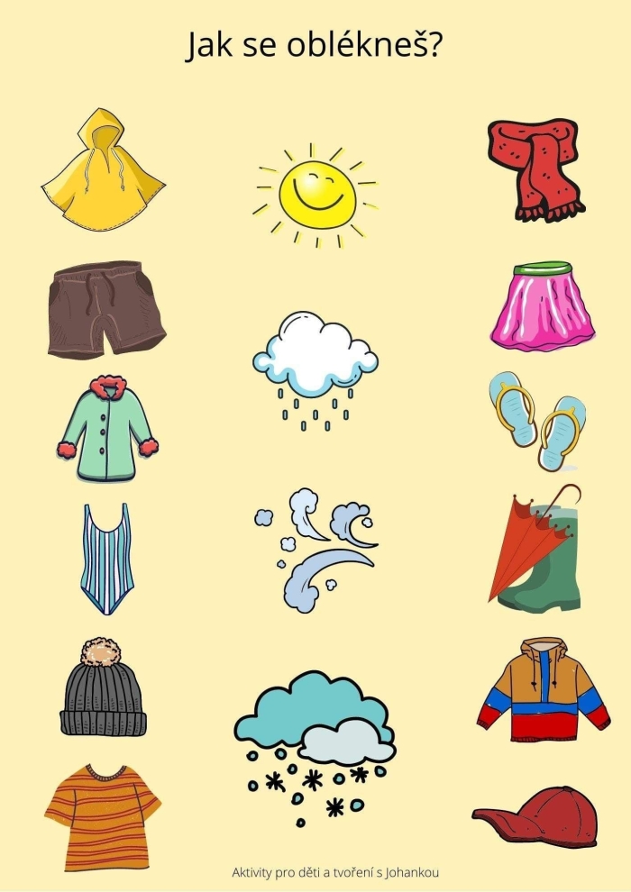 Weather Wear Matching Activity 24 for Early Learners Pre-K students matching weather conditions to appropriate clothing items on a colorful worksheet