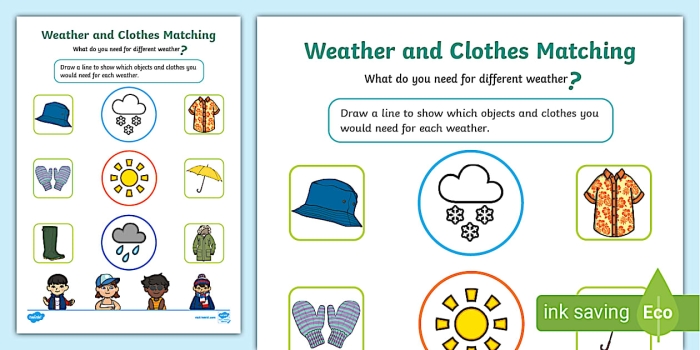 Weather Wear Matching Worksheet Number 3 for Preschoolers Pre-K weather wear matching worksheet featuring seasonal clothing items to pair
