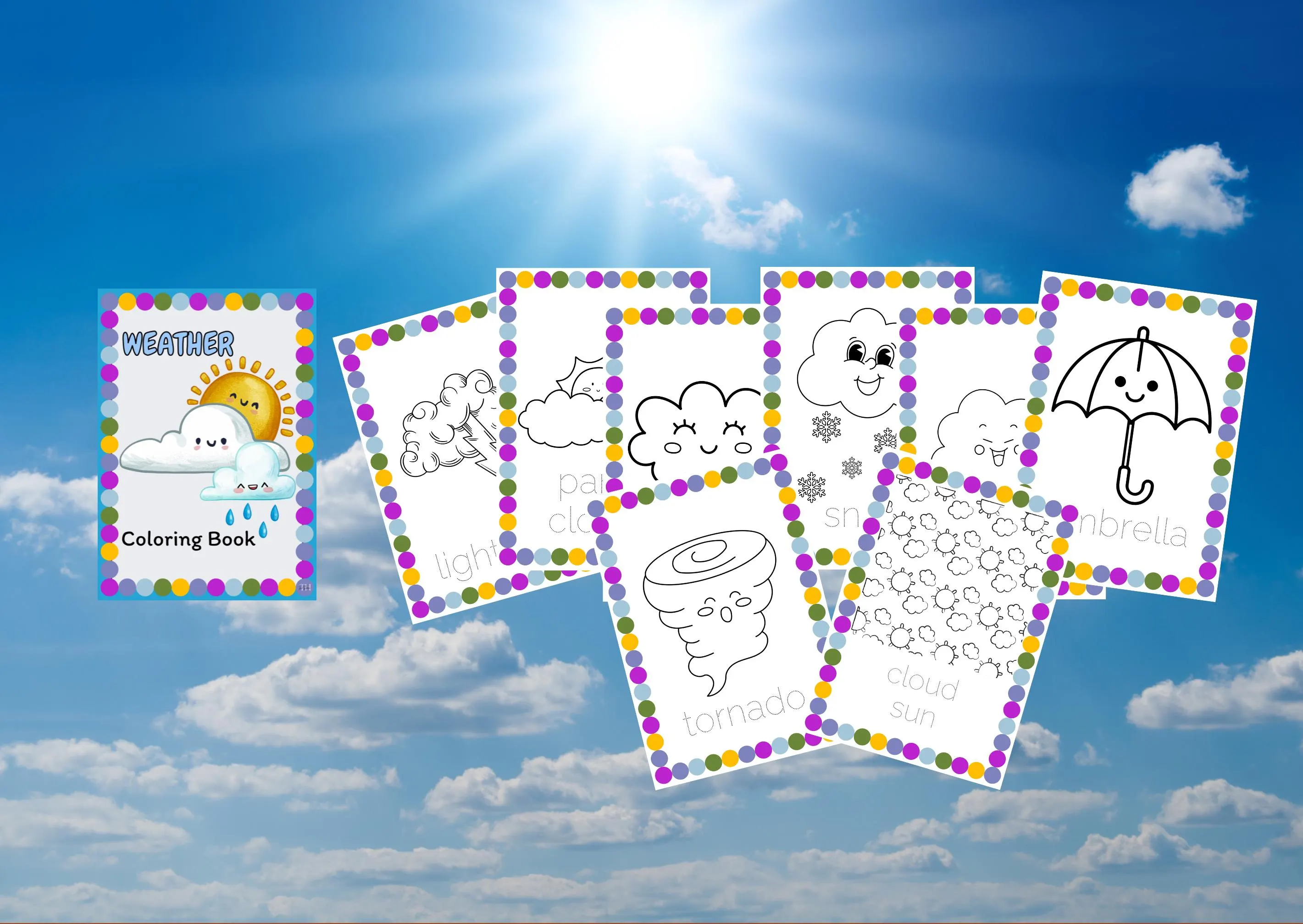 Colorful weather book worksheet for pre-K kids focusing on numbers and counting activities. Engaging image for lesson 8 on tracing and drawing weather elements like sun, wind, and rain.