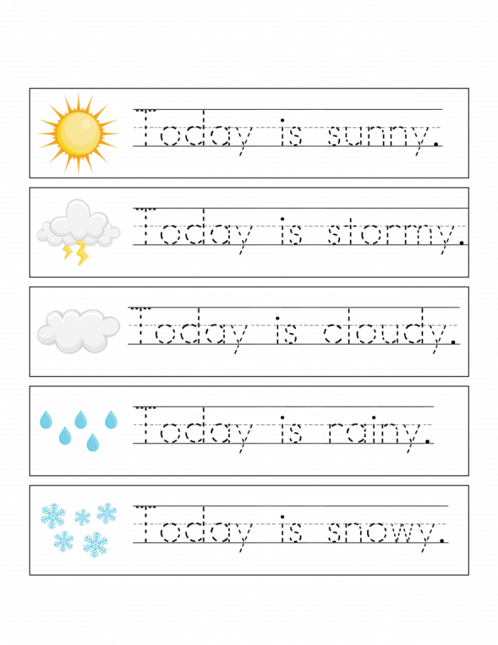Worksheet featuring different weather scenarios for kids to describe