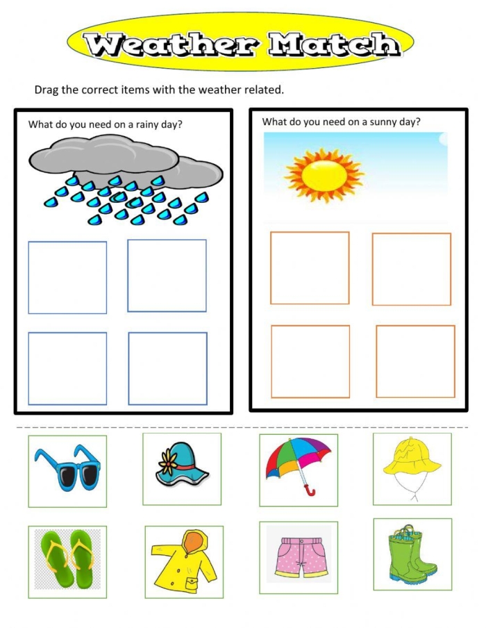 Weather Wear Matching Activity Picture 4 for Fraction Lessons Colorful weather clothing items matched to rainy snowy and sunny day conditions for preschool learners
