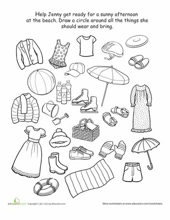 Pre-K student matching various seasonal clothing items to different weather patterns on a printable activity sheet