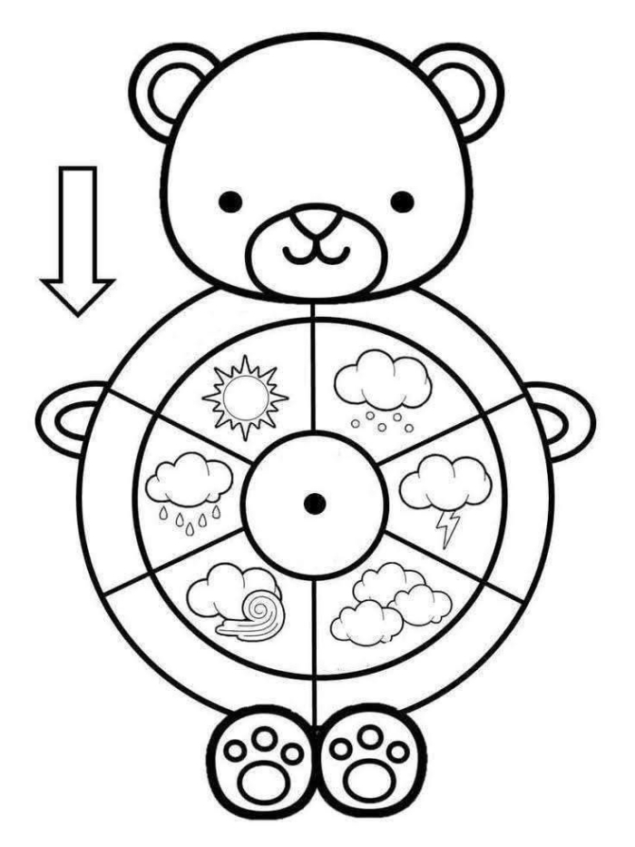 Interactive weather wheel activity for pre-K students learning to recognize weather patterns Colorful weather wheel showing different weather conditions for preschool children to identify daily