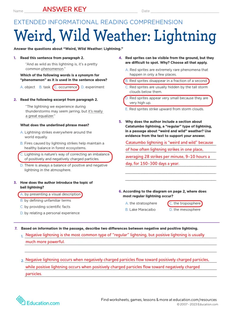 worksheet featuring wild and weird types of lightning for sixth graders