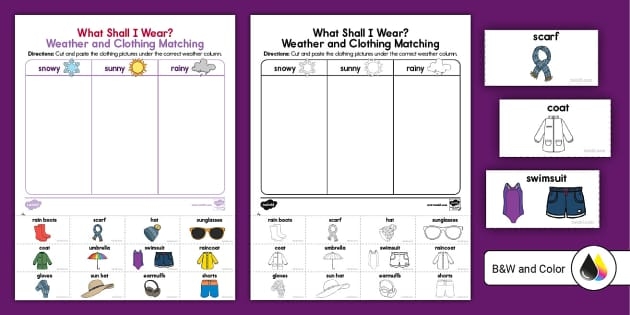 Pre-K student completing a geometry based matching activity on a what to wear weather worksheet