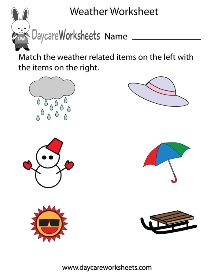 Colorful worksheet for matching clothing items to different weather conditions for kids. What to Wear Weather Worksheet for Pre-K Geometry Activities.