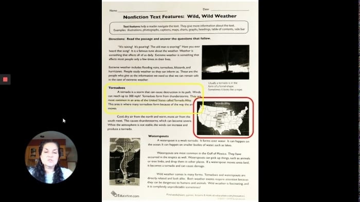 Nonfiction Text Features Wild Wild Weather Worksheet 25 Third grade student completing a reading comprehension worksheet about extreme weather phenomena