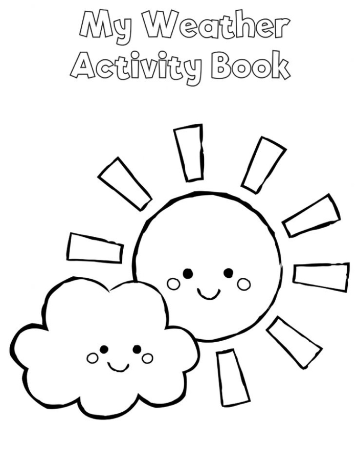 Colorful weather book worksheet for Pre-K kids, featuring tracing and drawing activities about sun, wind, and rain.