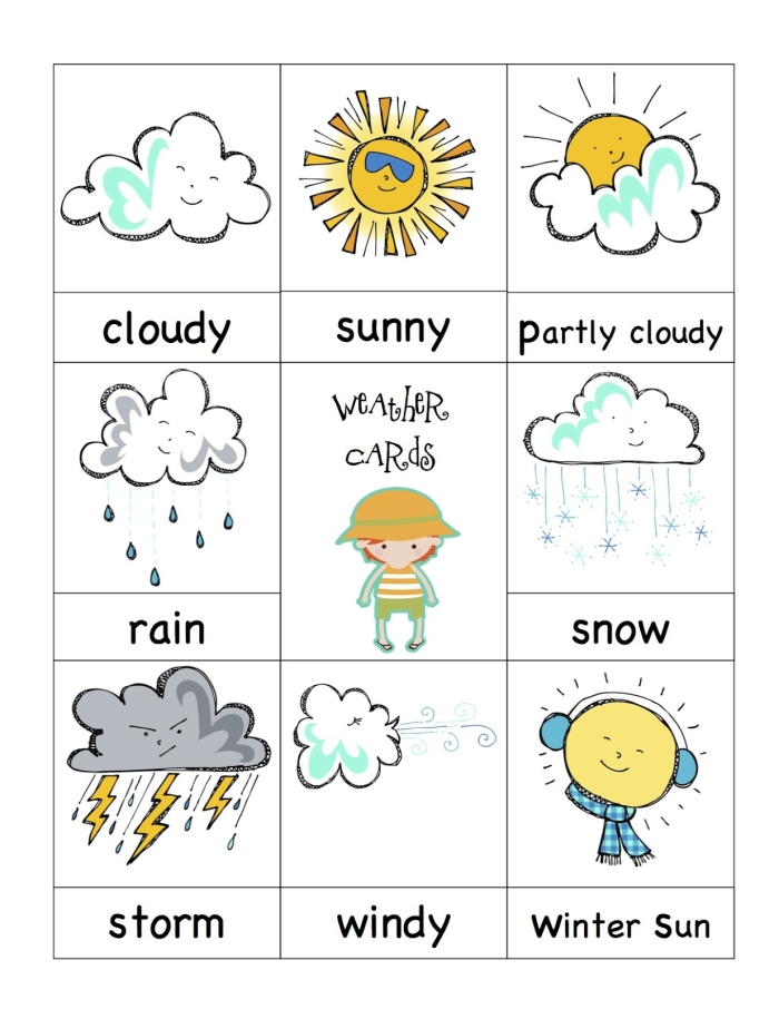 Pre-K students tracing words and drawing weather illustrations for their educational counting activity