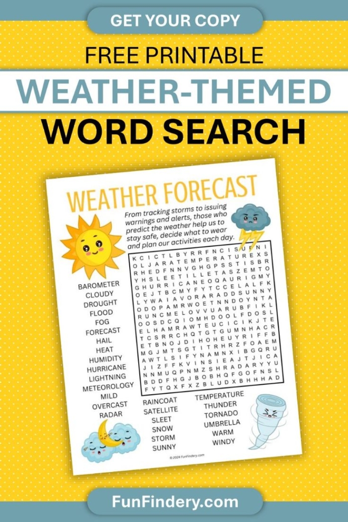 Colorful weather word search puzzle worksheet for first graders