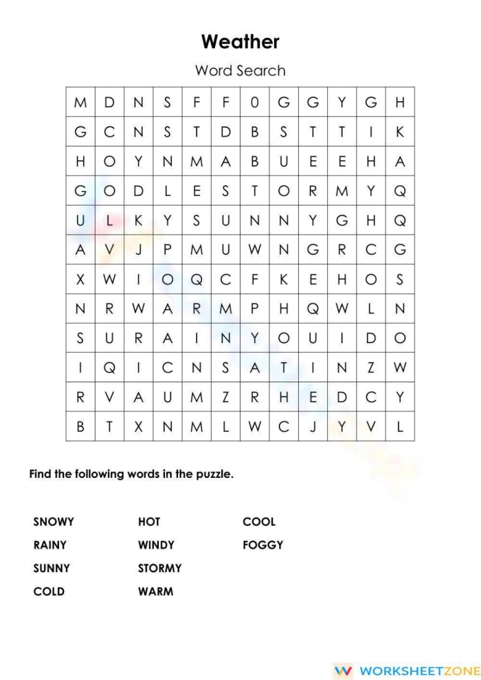 Weather Word Search worksheet featuring various weather-related terms for first graders