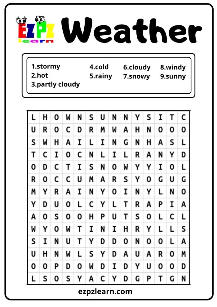 First grade weather word search worksheet with meteorological vocabulary for students