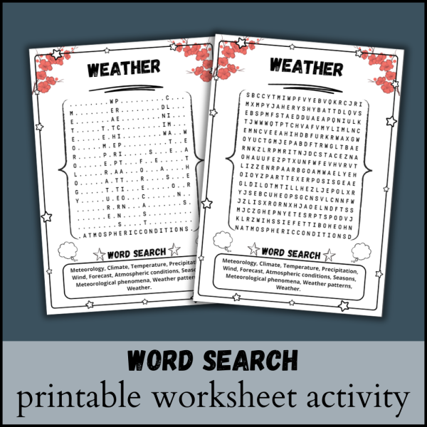 First grade weather word search worksheet featuring meteorological terms for kids