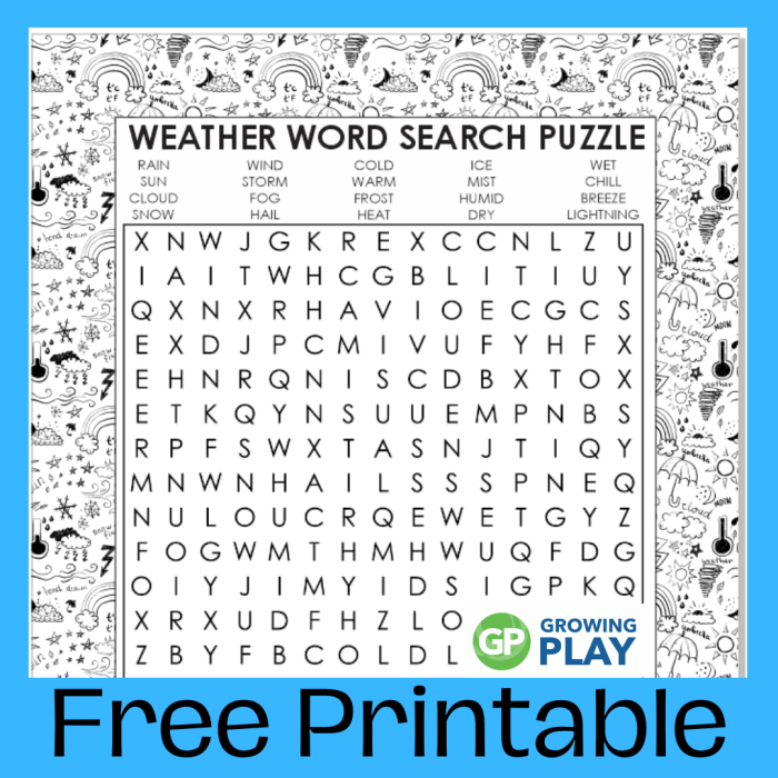 Weather Word Search Puzzle for first graders featuring climate vocabulary