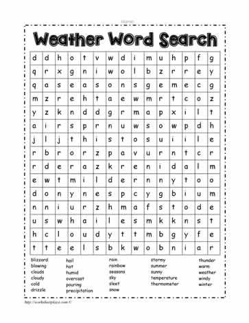 Weather Word Search worksheet designed for first graders to explore meteorology. Fun word search activity for young learners to learn about weather terms.