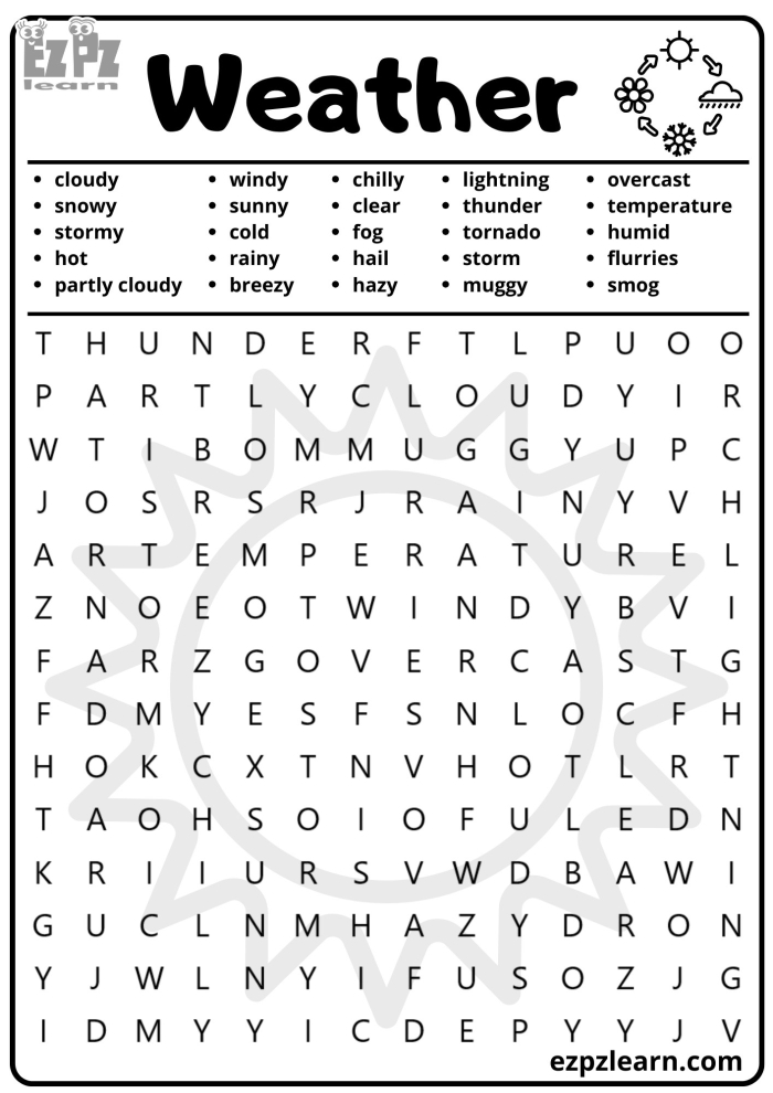 First grade weather word search puzzle worksheet for kids