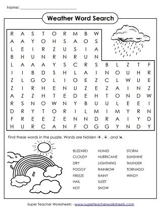 First grade weather word search puzzle worksheet for kids