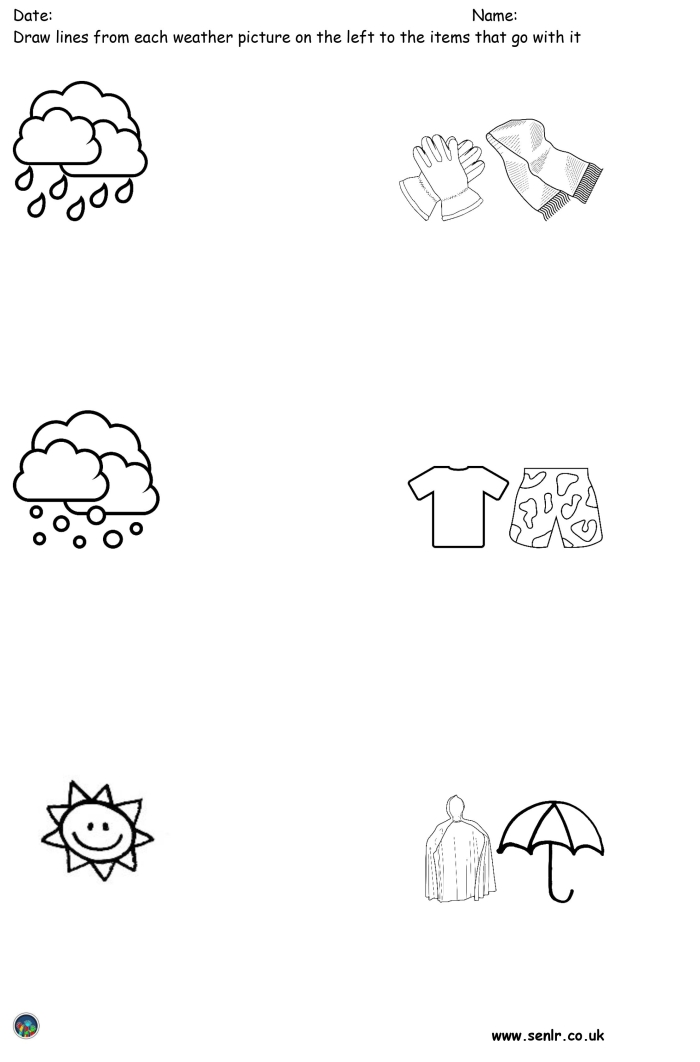 Weather Wear Matching Worksheet for Preschoolers Number Five Pre-K weather wear matching worksheet for learning about different climates