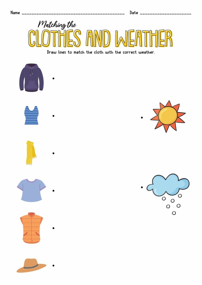 Weather Wear Matching Game for Preschool Learning Pre-K students matching weather conditions to appropriate clothing items on a colorful worksheet activity