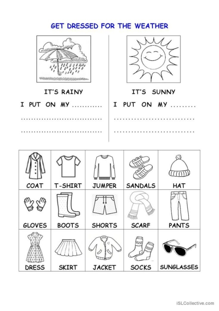 Weather Wear Matching Exercise 19 for Early Learners Pre-K students matching weather conditions to appropriate clothing items on a colorful worksheet activity