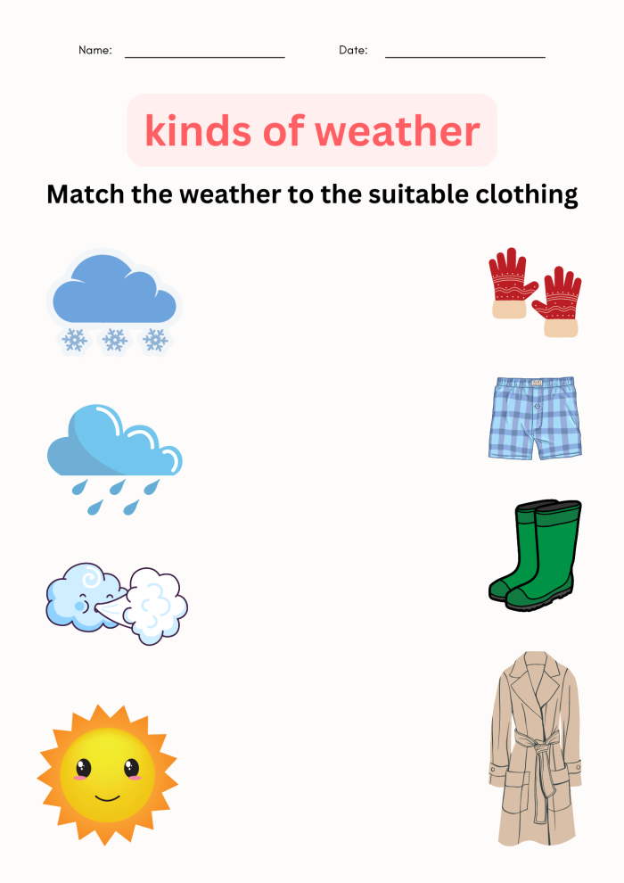 Weather Wear Matching Worksheet Number 21 for Preschoolers Pre-K student completing a weather wear matching worksheet about fractions
