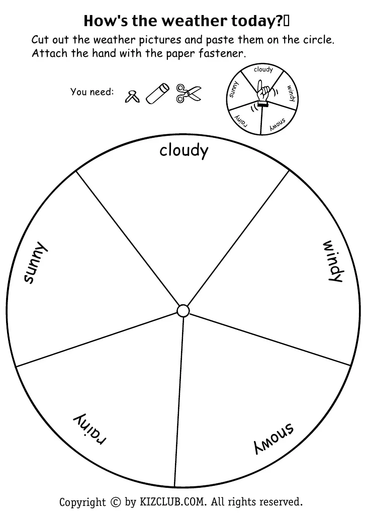 Interactive weather wheel activity for Pre-K students learning to recognize weather patterns A colorful weather wheel showing different weather conditions for preschool children to identify daily