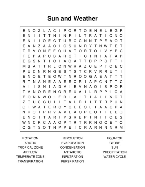 Weather Word Search Puzzle worksheet for first graders focusing on climate vocabulary