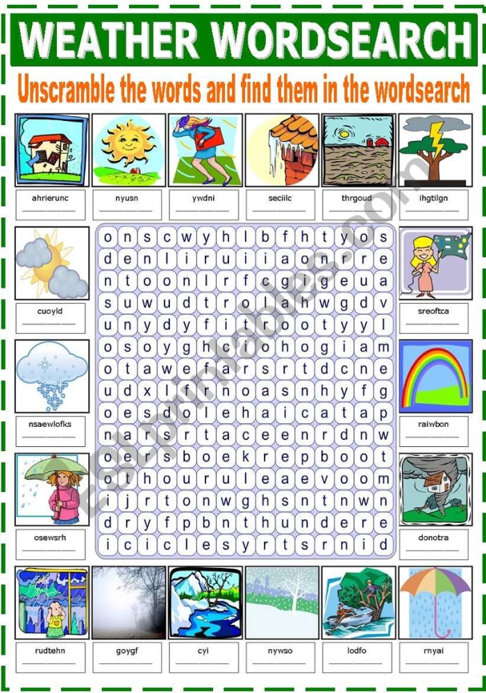 First grade weather word search puzzle worksheet for kids