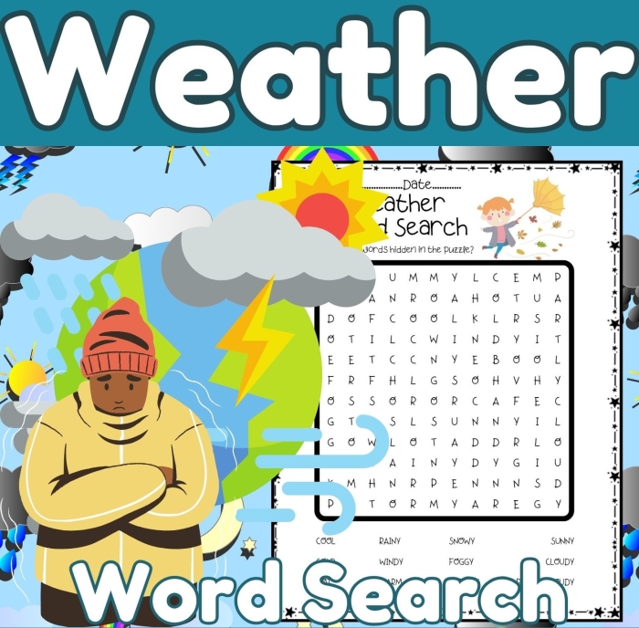 Weather-themed word search puzzle worksheet for first graders