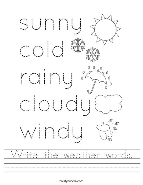 A first grade student filling out a Write About the Weather worksheet with simple sentences