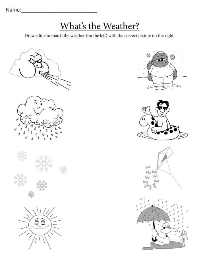 First grade student writing about different weather conditions on a worksheet