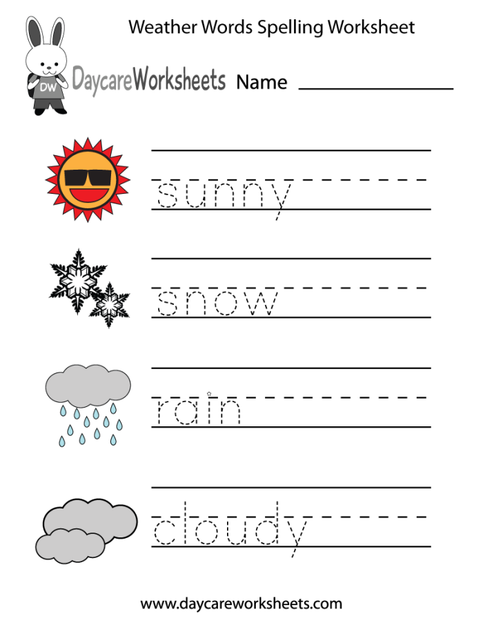 First grade student writing sentences about weather patterns on a printed worksheet