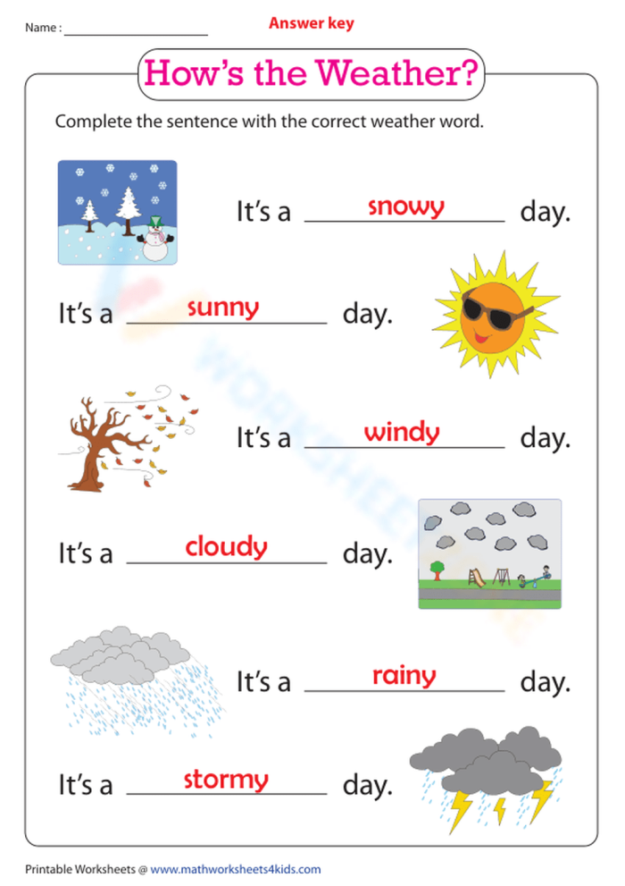 First grade student writing sentences about different weather patterns on a worksheet