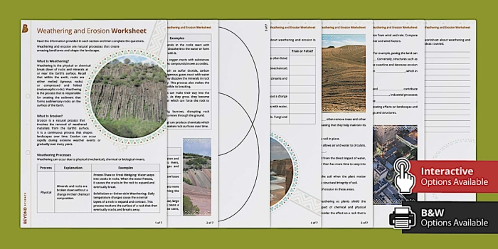 Third grade Spanish worksheet explaining the concepts of weathering and erosion with visual examples