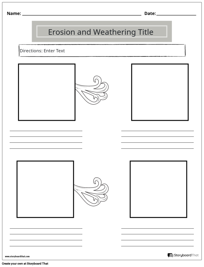 Third grade Spanish educational worksheet defining the concepts of weathering and erosion with visual diagrams.