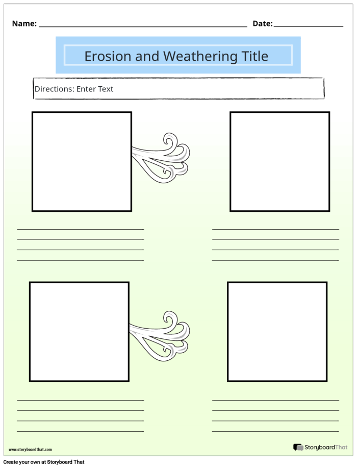 Third grade Spanish worksheet showing visual examples of weathering and erosion processes with definitions and illustrations