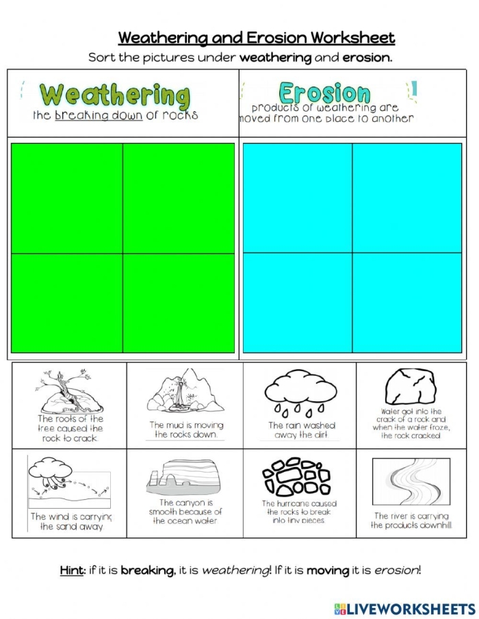 Third grade Spanish worksheet showing visual examples of weathering and erosion processes with definitions