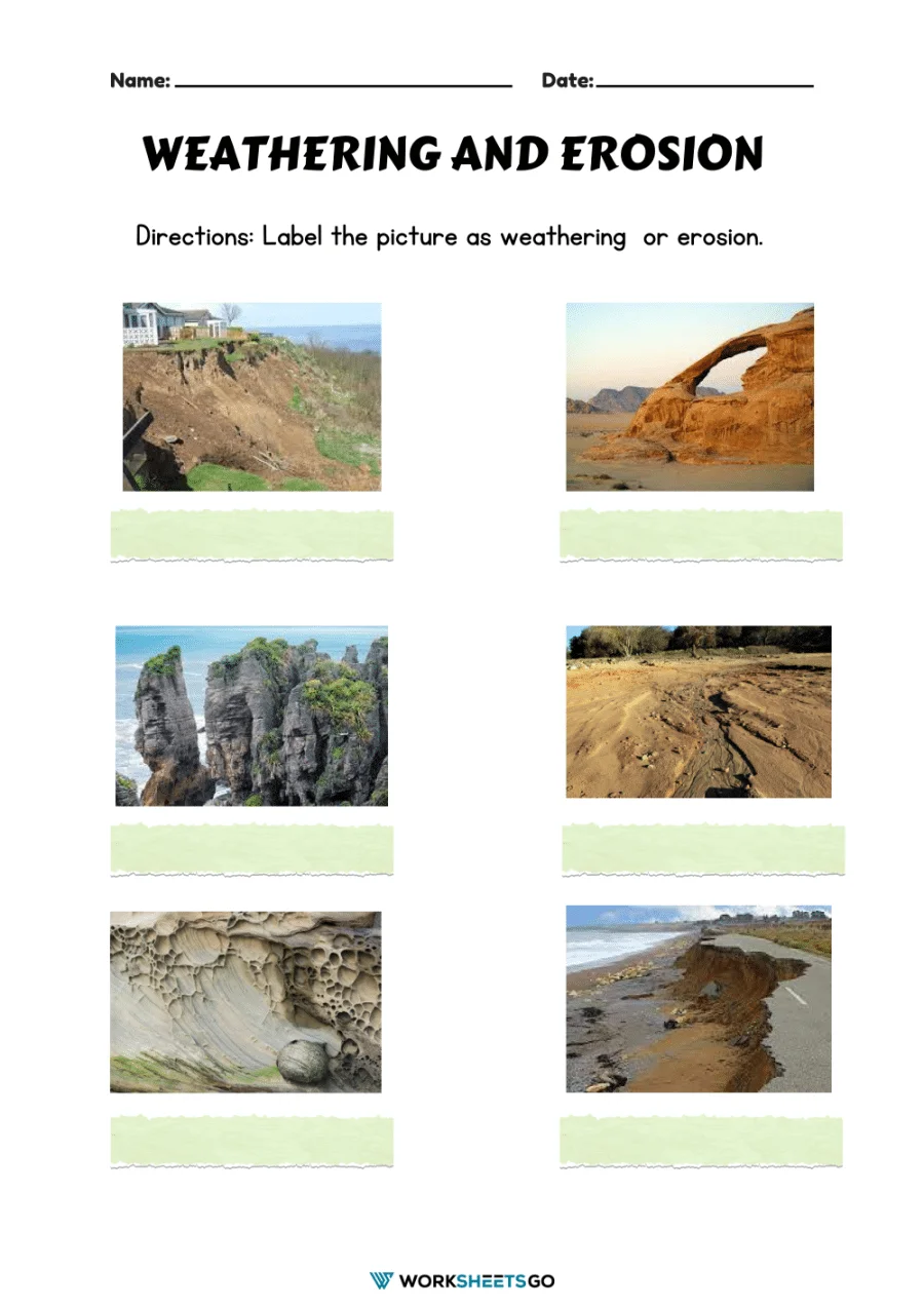 Third grade Spanish worksheet explaining the concepts of weathering and erosion with visual diagrams