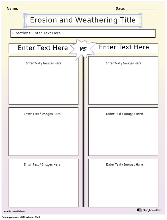 Third grade Spanish worksheet explaining the concepts of weathering and erosion with illustrated examples
