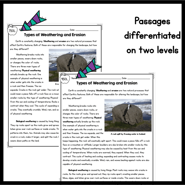 Educational worksheet for third graders explaining the definitions and visual examples of weathering and erosion in Spanish