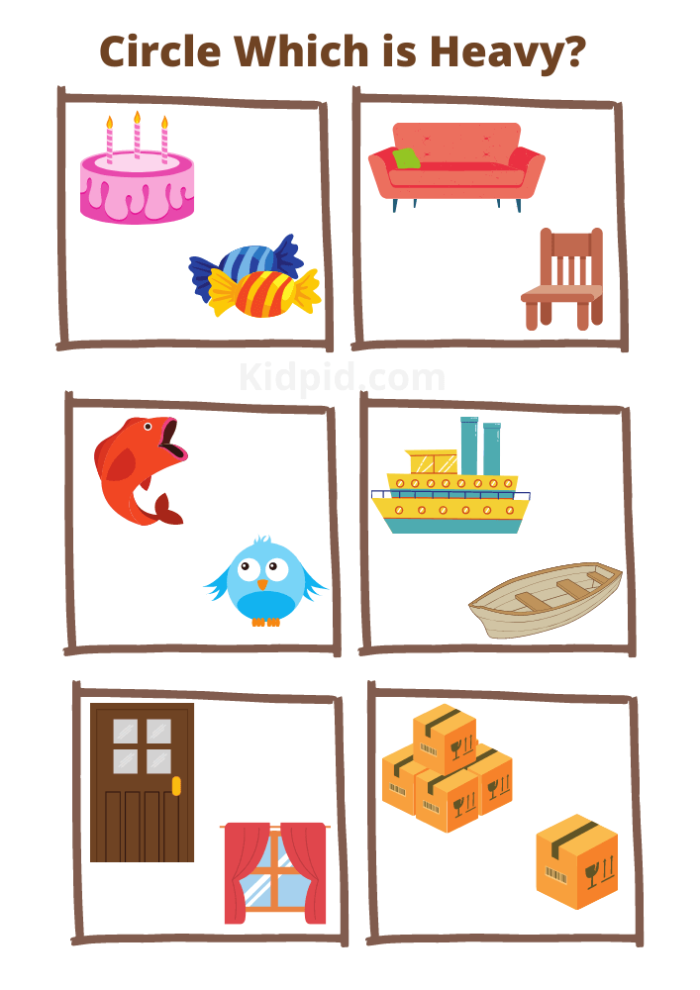 A preschooler completing a printable measuring weight exercise about identifying heavy and light objects