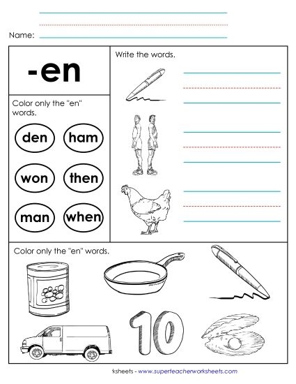 Worksheet for kindergarten students focusing on "en" family words for reading and writing practice